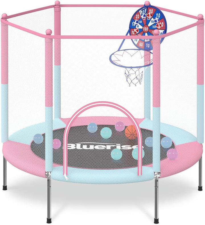 Trampoline 55IN 6FT Toddler Trampoline for Kids Indoor Outdoor Play for Kids Trampoline Basketball Hoop Attachment with Enclosure Net Easy to Assemble Outdoor Indoor Trampoline