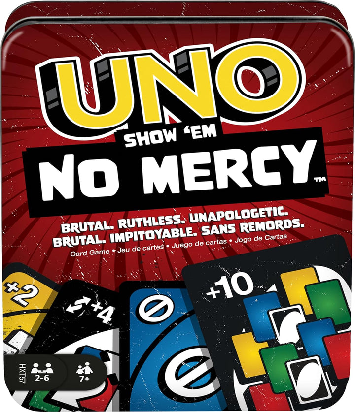 UNO Show ‘Em No Mercy Card Game in Storage & Travel Tin for Kids, Adults & Family Night with Extra Cards, Special Rules & Tougher Penalties (Amazon Exclusive)