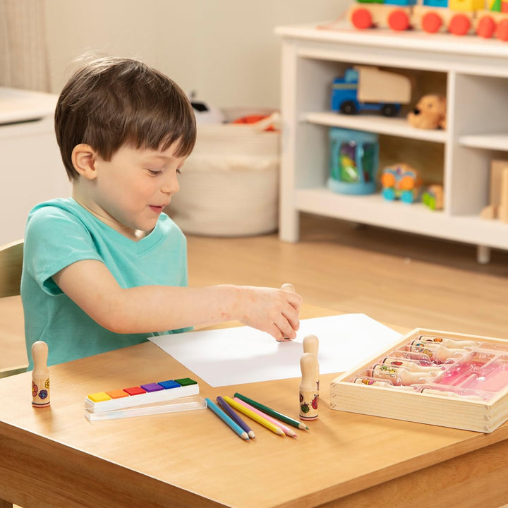Deluxe Happy Handle Stamp Set with 10 Stamps, 5 Colored Pencils, and 6-Color Washable Ink Pad