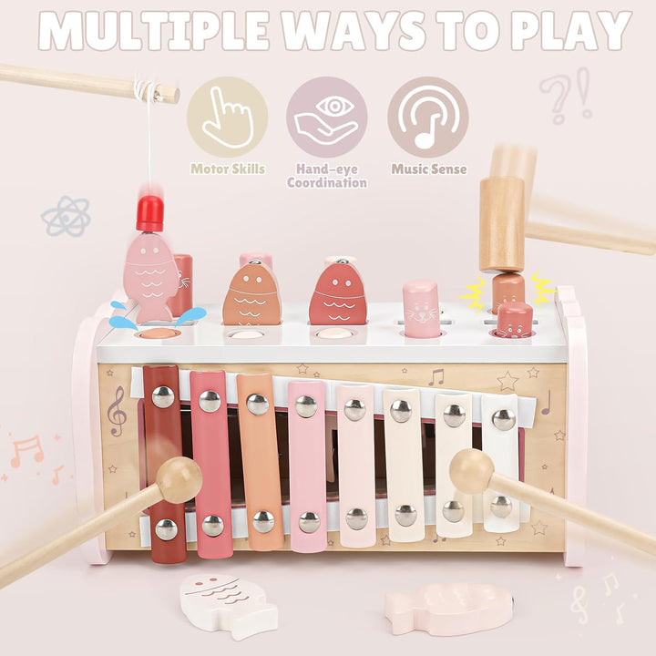 Montessori Toys for 1 Year Old Girl Gift - Pink Wooden Hammering Pounding Toy with Xylophone & Fishing Game - Toddler Learning Activities for Kids 1+ 2 3 Year Old Christmas Birthday Gifts