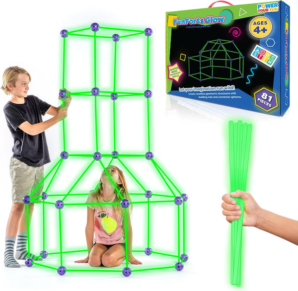 Fun Forts Glow Fort Building Kit for Kids - 81 Pack Glow in the Dark STEM Building Toys Indoor Outdoor Play Tent for Kids Construction Toys with 53 Rods and 28 Spheres