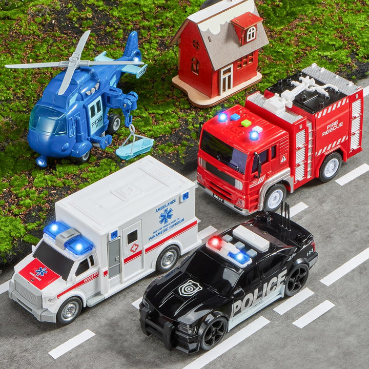 4 Packs Emergency Vehicle Toy Playsets, Friction Powered Vehicles with Light and Sound, Including Fire Truck, Ambulance, Play Police Car and Helicopter, Christmas Toddler Kids Boys Gifts