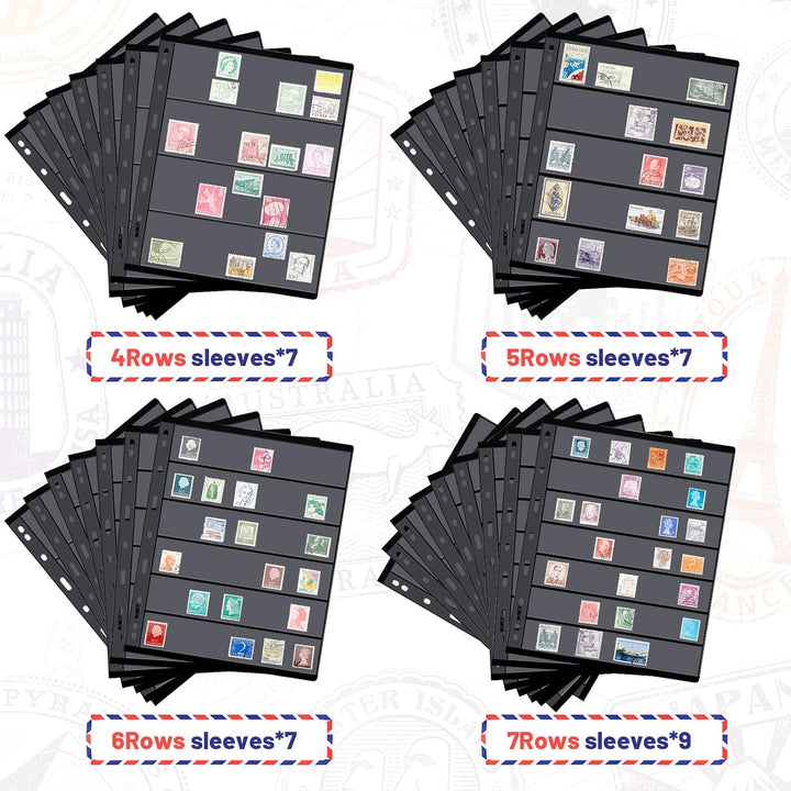 30 Pieces Stamp Pages Collector Stamp Album Page Stamp Pages for Stamp Album Binder with Standard 9 Hole Binder Sleeves for Stamp Collectors (4/5/6/7 Rows)
