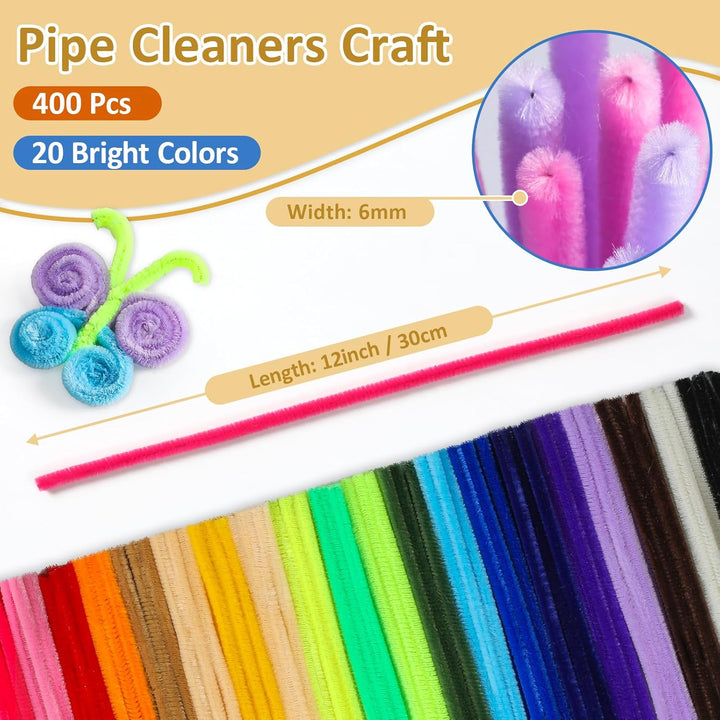 400 PCS 20 Colors Thick Pipe Cleaners Craft, Multi-Colored Chenille Stems for Craft Supplies & Materials, Fuzzy Pipe Cleaners Bulk for DIY Arts Projects, Rainbow Pipe Cleaners(12Inch*6Mm)