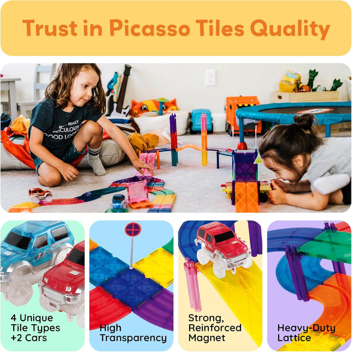 Magnetic Tiles Race Track Car Thrilling Toy Playset Includes 2 Racing Trucks STEM Educational Magnet Tile Building Block Construction Set for Toddlers Boys Girls Ages 3 and Older PTR30
