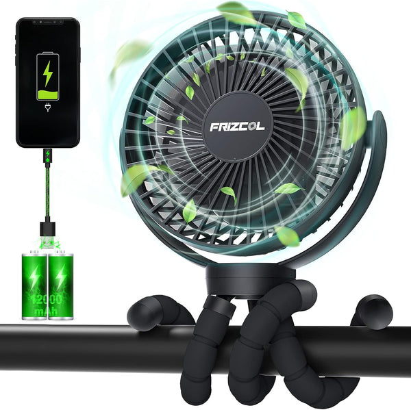 Portable Stroller Fan, Use as Power Bank, 65H 12000Mah Battery Operated Fan Flexible Tripod Baby Car Seat Fans with Timming, Personal Mini Handheld/Desk/Small Clip on Fans for Stroller