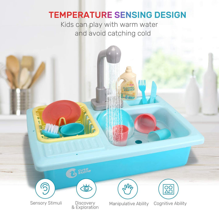 Color Changing Kitchen Sink Toys, Children Electric Dishwasher Playing Toy with Running Water, Upgraded Faucet, Automatic Water Cycle System Play House Pretend Role Play Toys for Boys Girls