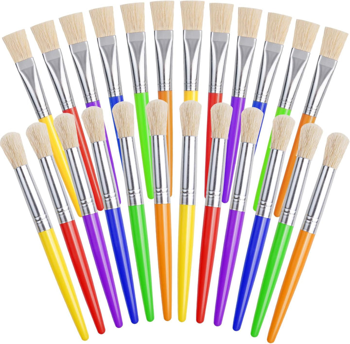 Kids Paint Brushes, 12 Pcs Round/Flat Large, Easy to Clean & Grip Washable No Shed Hog Bristle for Watercolor, Acrylic, Gouache