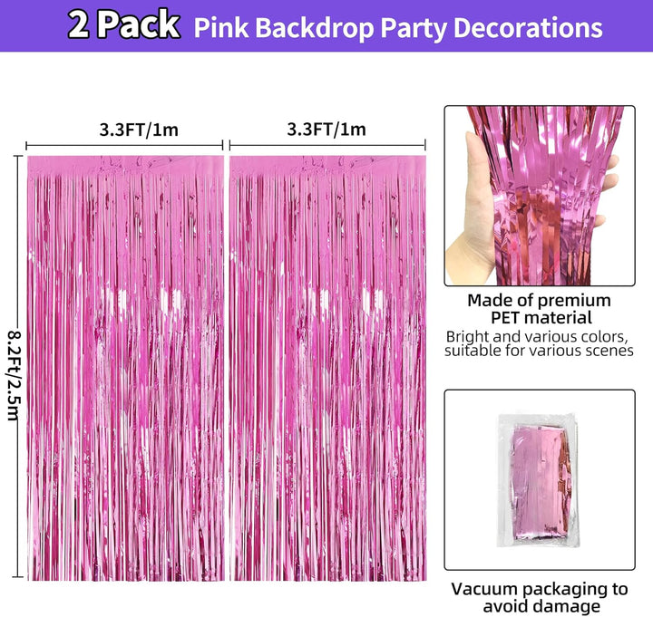 Pink Birthday Decorations for Girls, 3.3X8.2Ft Pink Tinsel Backdrop Foil Fringe Curtains, Glitter Pink Streamers Party Decorations Door Hanging for Barbie Bachelorette Graduation Halloween (2 Pack)