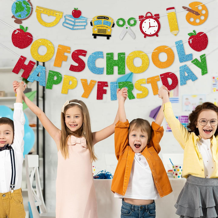 Happy First Day of School Banner, 3Pcs Welcome Back Banner Party Decorations for Children Kids Student Celebrating 1St Day of School Classroom Office Party Supplies Hanging Decor, Pre-Strung, NO DIY