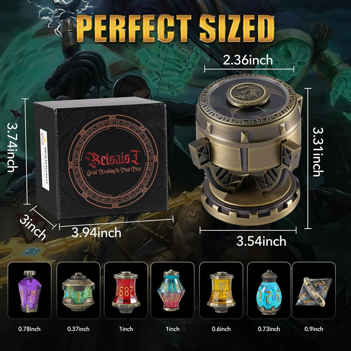 2025 Alchemist’S Metallic Elixir DND Dice Set - 7-Piece RPG Collection in Vintage Chalice Caser for D&D, Sci-Fi, War, or Crime Theme Tabletop Games (Bronze)