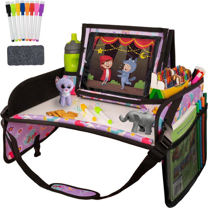 Car Seat Tray for Kids Travel - Black 600D Oxford Lap Desk Organizer with Dry-Erase Surface, Tablet Stand, Snack Holder & Cup Holder - Travel Tray for Kids Car Seat
