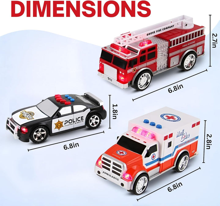 3-In-1 True Hero Emergency Rescue Vehicles Kids Toy Cars Playset - Ambulance, Fire Truck and Police Car with 3-Button LED Light and Sound Effects