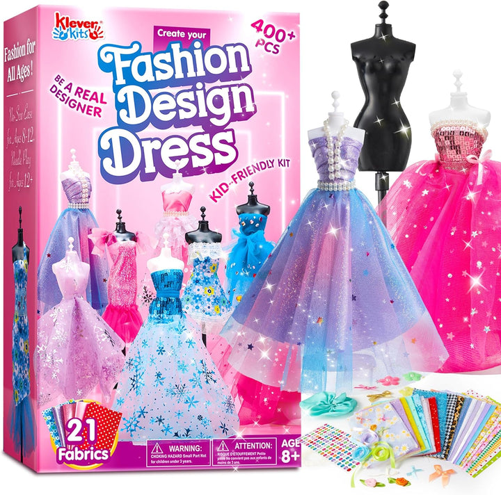 400+PCS Fashion Design Crafts for Kids, Art and Crafts, DIY Sewing Kits with 3 Mannequins for Girls Aged 8-12, Birthday Presents, Toys for Kids