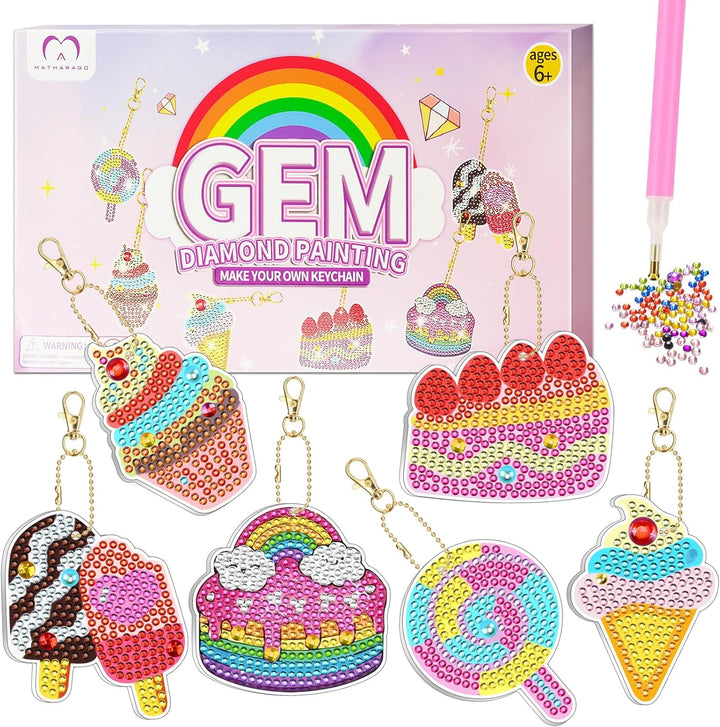 Diamond Art for Kids 6 Pcs DIY Diamond Painting Cartoon Keyrings Set, Painting by Number Gem Keychains Craft Kits for Kids Ages 6-12, Gifts for Birthday, Back to School