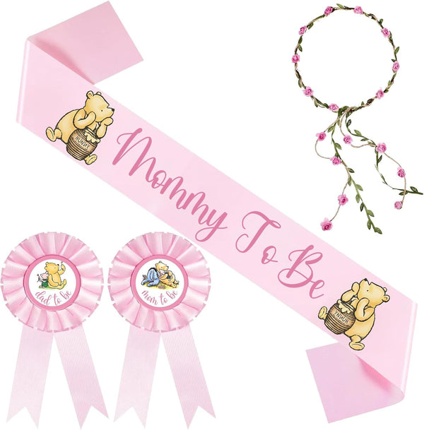Winnie Baby Shower Sash Mom to Be Sash and Dad to Be Pin Flower Crown for Gender Reveals Party Classic Baby Shower Girls Pregnancy Props Gift