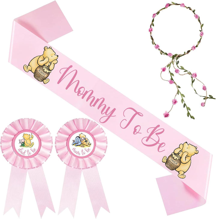 Winnie Baby Shower Sash Mom to Be Sash and Dad to Be Pin Flower Crown for Gender Reveals Party Classic Baby Shower Girls Pregnancy Props Gift