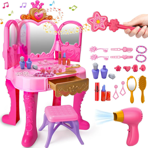 Toddler Vanity Magic Makeup Set Table and Chair Girl Toy Automatically Mirror with Music Light Pink Toys for 2 3 4 5 Year Old Girls Hair Salon Pretend Play Princess Dress up Playset Gift Toddler 1-3