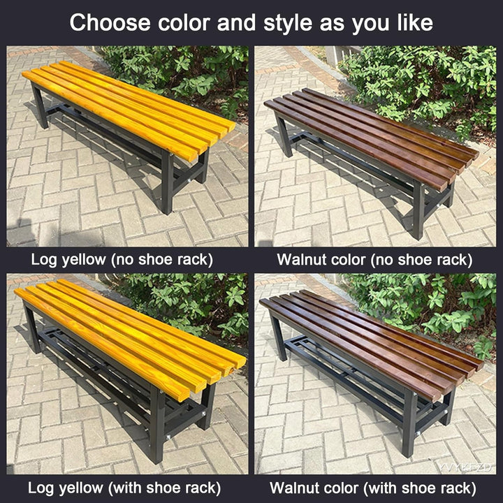 Wooden Backless Patio Bench Seat, Weatherproof Galvanized Frame Park Metal Bench Chair, 2-3 Person Outdoor Garden Bench, for Backyard, Poolside, Front Porch (Walnut Color B,150X37X45Cm)