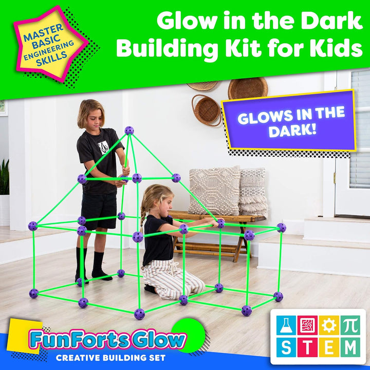 Fun Forts Glow Fort Building Kit for Kids - 81 Pack Glow in the Dark STEM Building Toys Indoor Outdoor Play Tent for Kids Construction Toys with 53 Rods and 28 Spheres