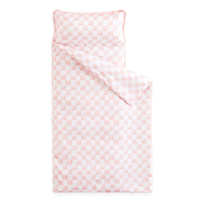 - Toddler Nap Mat with Pillow and Blanket, for Kids Boys Girls in Kindergarten Daycare Preschool Pre K, Roll up Sleeping Bag, Gingham Plaid Grid Checkered, Light Pink White, Standard