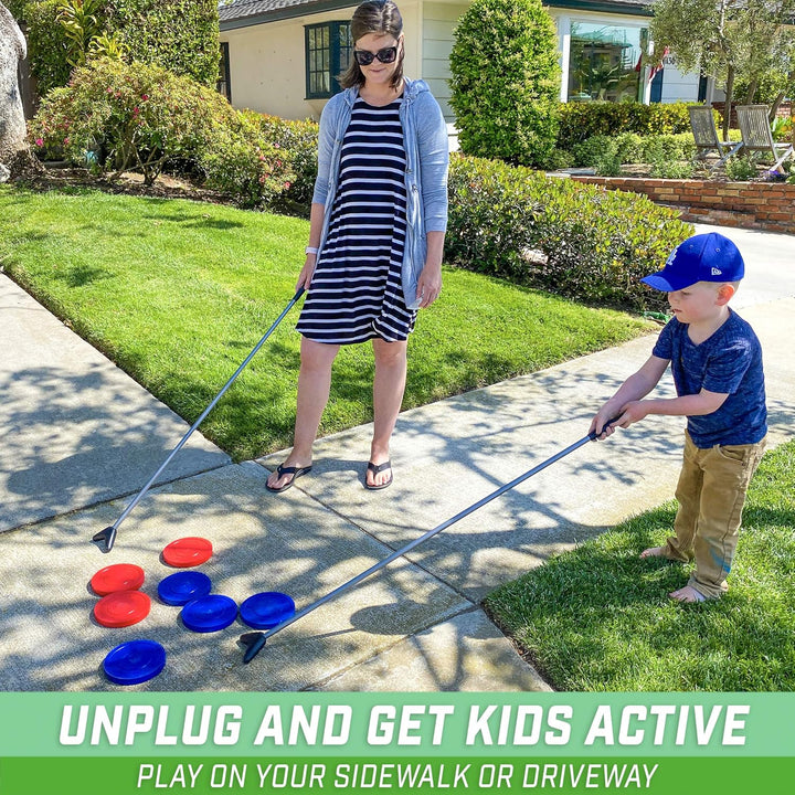 Driveway Shuffleboard Game Set - Includes 2 Shuffleboard Cue Sticks, 8 Pucks, 2 Pieces of Chalk