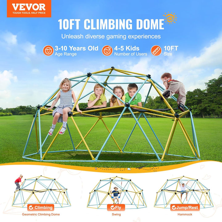 Climbing Dome, 10FT Geometric Dome Climber with Hammock and Swing, Jungle Gym Supports 750LBS and Easy Assembly for Kids 3 to 10 Years Old, with Climbing Grip, Outdoor Backyard Play Equipment