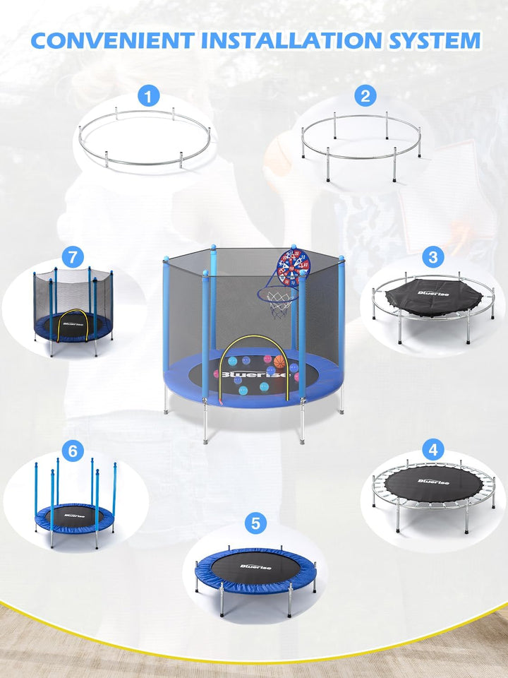 Trampoline 55IN 6FT Toddler Trampoline for Kids Indoor Outdoor Play for Kids Trampoline Basketball Hoop Attachment with Enclosure Net Easy to Assemble Outdoor Indoor Trampoline