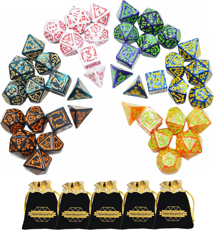 5 X 7-Die Double-Colors Polyhedral Dice Sets with Pouches for D&D DND RPG MTG Dungeon and Dragons Table Board Roll Playing Games D4 D6 D8 D10 D% D12 D20