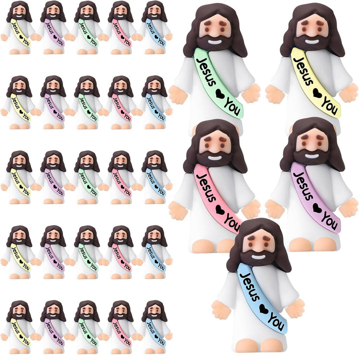 25 Pcs Little Jesus Figures Original Design Jesus Love You Mini Rubber Toys to Hide and Seek Religious Party Favors Sunday School Baptism Gifts(Lively Colors)