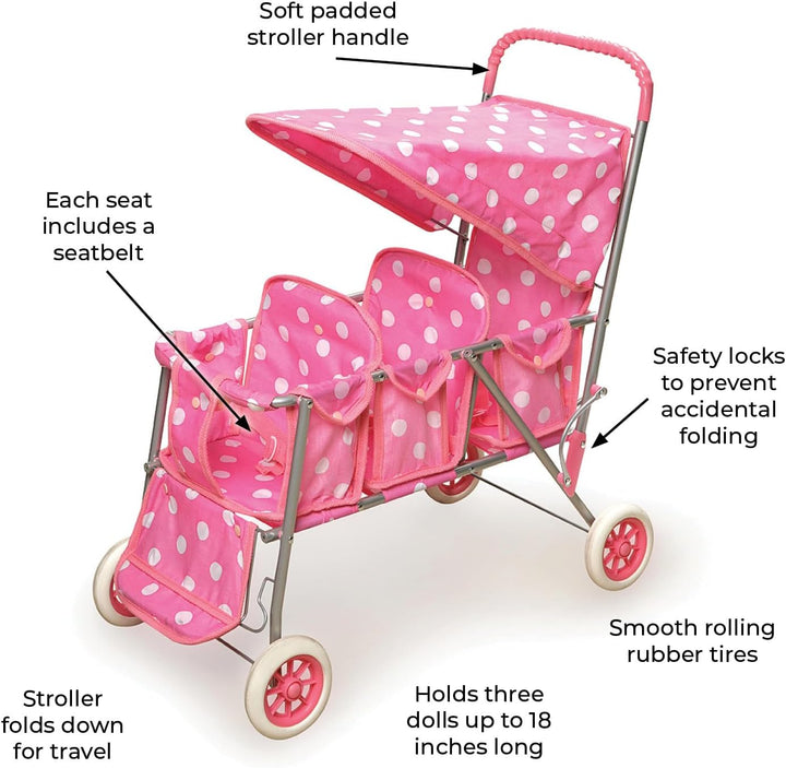 Triple Doll Stroller for Dolls - Lightweight and Foldable Toy Pram with Canopy - Fun Pretend Play for Kids in Stylish Pink with Polka Dots