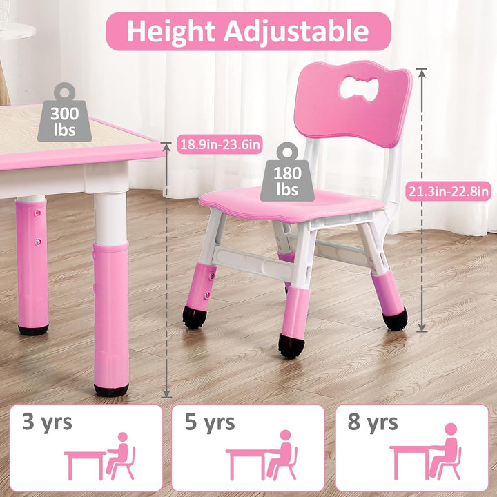 Modern Kids Table and 4 Chair Set,23" Height Adjustable Toddler Table and 4 Chairs with Non-Slip Desk Legs&Organizer Graffiti Desktop,Multi-Function Tables for Kindergarten/Living Room(Pink