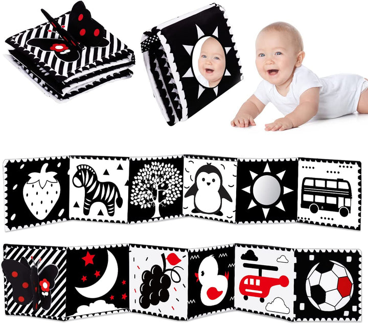Black and White High Contrast Toys for Baby 0-3 3-6 Months Infant Tummy Time Soft Book Sensory Musical Toy 0-2-4-6 Month Babies Brain Development Montessori Crinkle Book Mirror Newborn Shower Gifts
