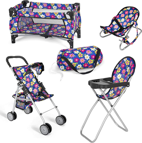 4 Piece Baby Doll Play Set Flower Design Includes - Foldable Pack N Play, Baby Doll Stroller, Baby Doll High Chair, Infant Seat, Fits up to 18'' Doll 4 Piece Doll Accessories Set