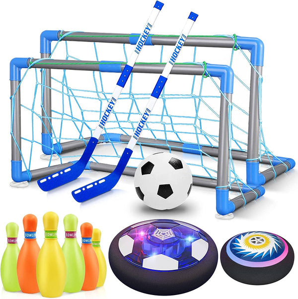 3-In-1 Hover Soccer Ball Hockey Bowling Set, Indoor and Outdoor Toys for Kids Ages 3-12, outside Toys with LED Lights, Christmas Birthday Gifts for 3 4 5 6 7 8 9+ Year Old Boys Girls