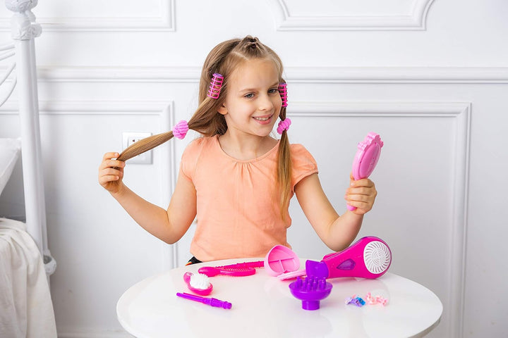 17Pcs Girls Beauty Salon Set, Pretend Play Doll Hair Stylist Toy Kit with Hairdryer, Mirror, Curling Iron and Other Accessories for Kids Toddler Fashion Cutting Makeup Party Favor, Birthday Gift