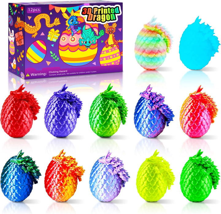 12PCS 3D Printed Dragon Eggs with Dragon Inside, Cool Stuff Fun Gifts, Mini Dragon Egg Set Articulated Crystal Dragon Fidget Toy for Adults Teens Boy Gifts Easter Basket Stuffers