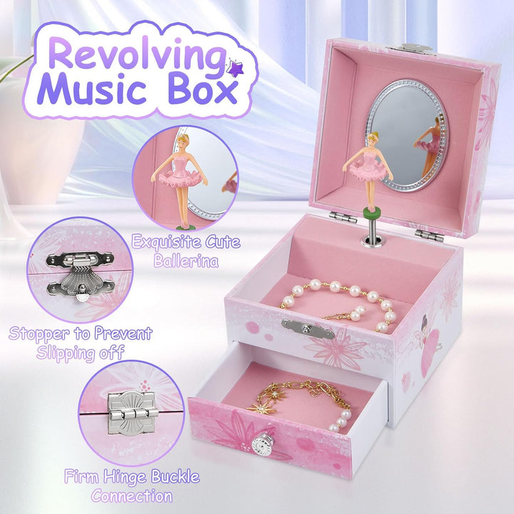 Girls Musical Jewelry Box with Drawer and Spinning Ballerina,Fairy Disign Kids Music Box for Little Girls Gifts Jewel Storage for Kids Ages 3-10