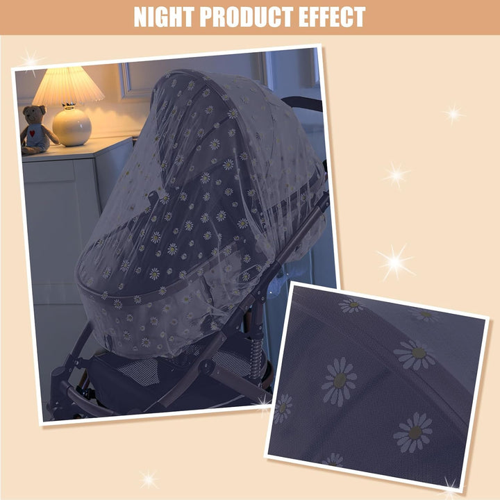 Mosquito Net for Baby Pram, Daisy Print Stroller Netting Cover - Perfect Bug Net for Strollers, Bassinets, Mini Crib, Cradles and Playards (White Daisy)