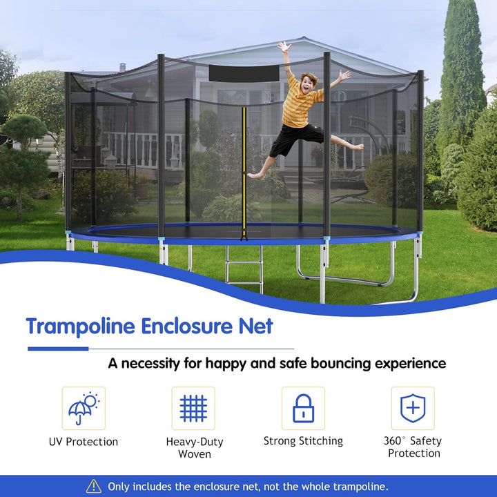 Trampoline Net, Trampoline Enclosure for 8 10 12 14 15 16Ft round Trampoline with Double-Headed Zippers & Buckles, Weather-Resistant Sun-Protective Trampoline Replacement Net