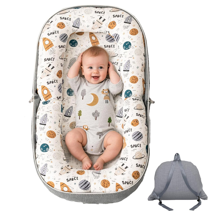 Baby Lounger, Foldable Infant Nest Pillow with Soft Memory Foam Mat, Cover with Adorable Pattern, Converts to Backpack for Easy Travel, 0-12 Months, White