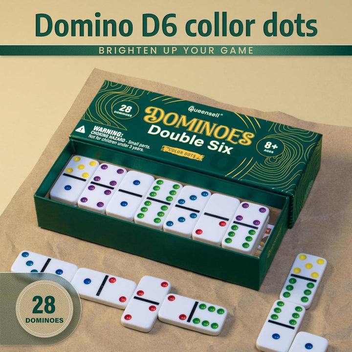 Dominos Set for Adults with Colored Dots - Double 6 Dominoes Set Is a Classic Board Games for Kids and Adults - Double Six Standard Dominos Set 28 Tiles