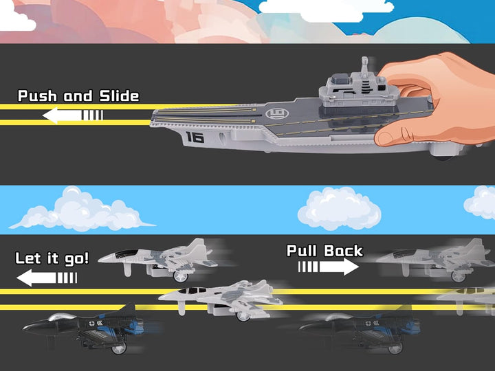 Aircraft Carrier Military Naval Ship with Pull Back Army Fighter Jet Toy Small Scale Model Plane Submarine Kids' Play Vehicle Set for Boy Girl Children