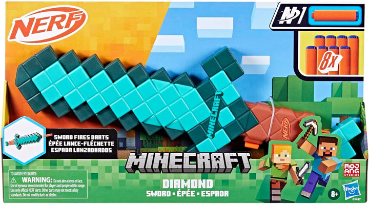 Minecraft Sword Dart Blaster, Pull Back Priming, Foam Edge, 8 N1 Darts, Ages 8+