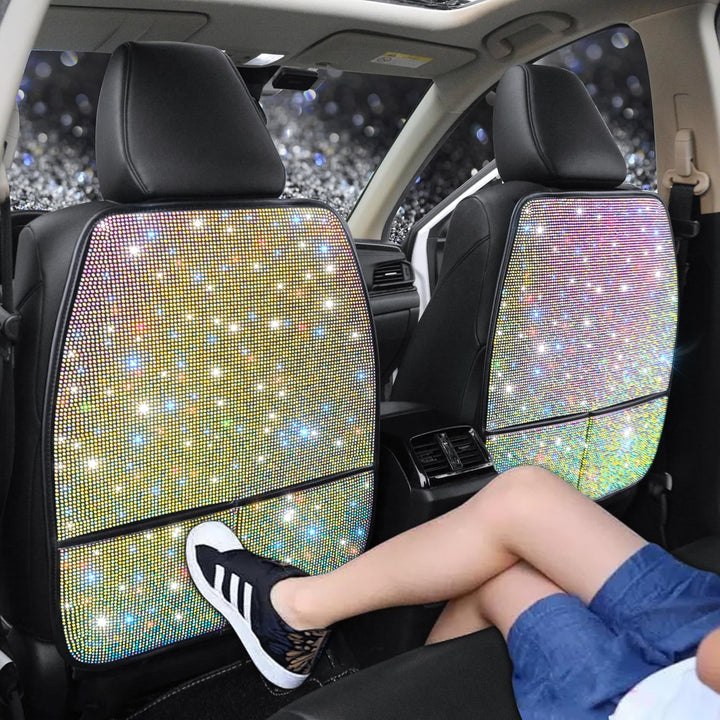 Bling Crystal Car Seat Back Kick Protectors with Storage, Sparkly Diamond Kick Mats, Universal Seat Protector for SUV and Automotive Crystal Auto Accessories for Women White 2Pcs