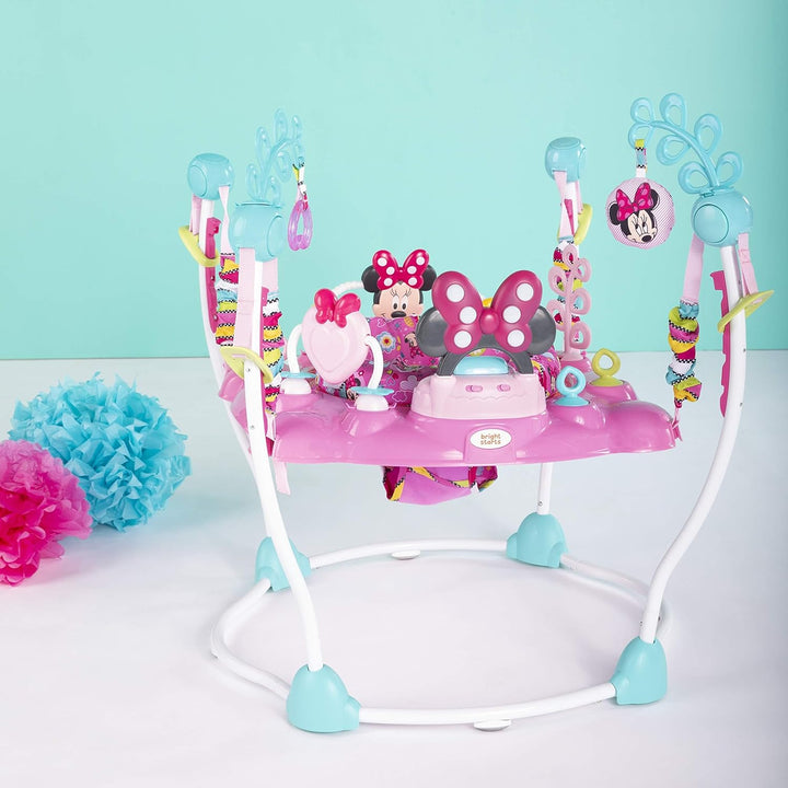 Disney Baby MINNIE MOUSE Peekaboo Baby Activity Center Jumper with 8 Toys, Lights & Sounds, 360-Degree Seat, 6-12 Months (Pink/Blue)