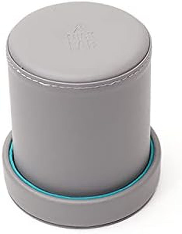 Grey Leather Dice Cup with Lid Including 6 Matching Pearl Dice - Teal Velvet Interior for Quiet Shaking - Use for Liars Dice Farkle Yahtzee Board Games, Grey