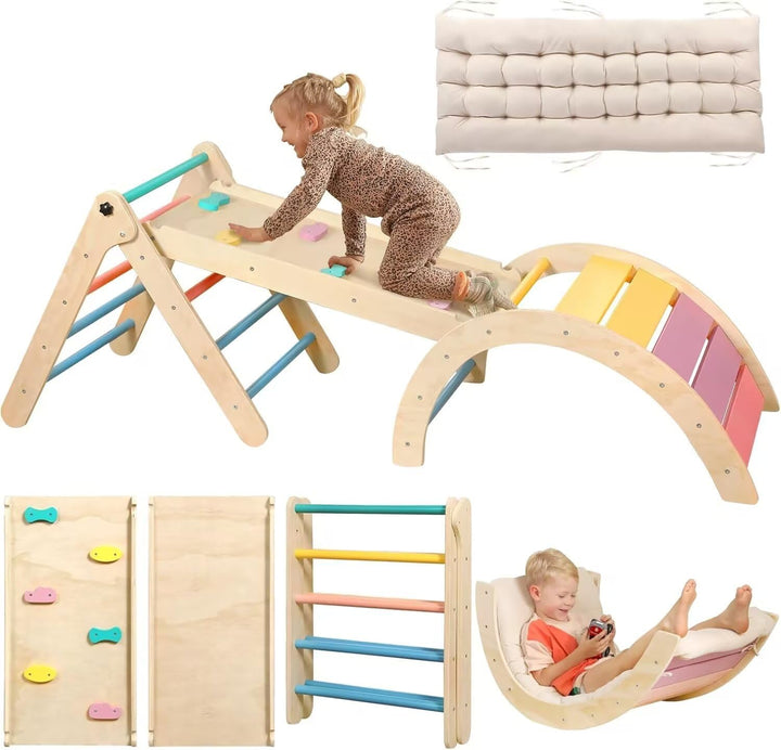 Pikler Triangle Set with Cushion, 7 in 1 Toddler Climbing Toys Indoor, Montessori Foldable Climbing Set, Wooden Climbing Toys for Toddlers 1-3 inside with Ramp, Arch and Ladder (Nature Wood)
