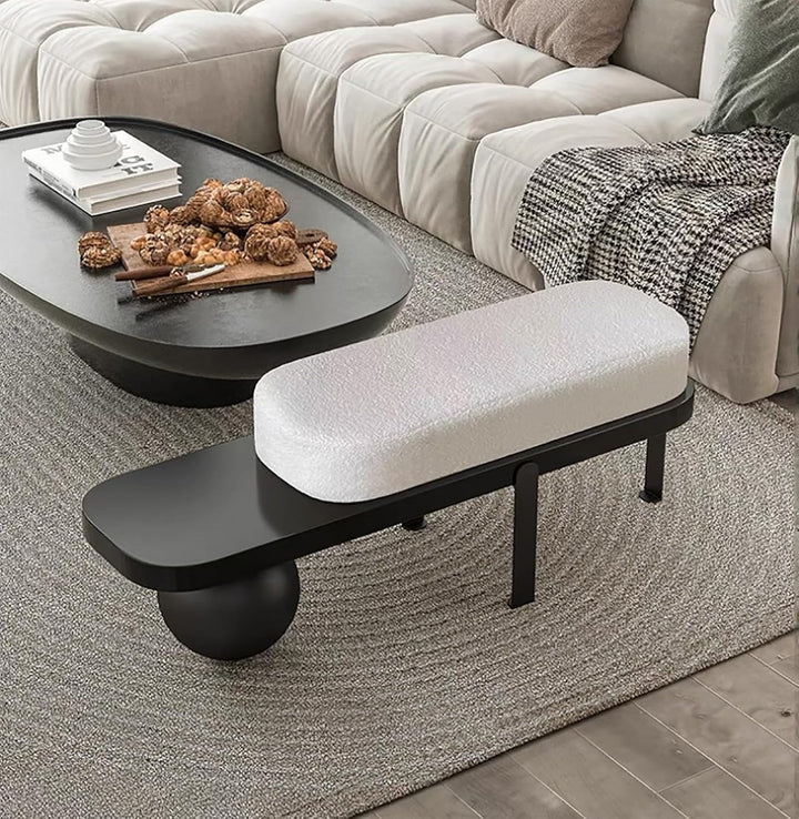 Wooden Boucle Bench with Abstract Metal Leg, Modern Entryway Bench, Upholstered End of Bed Bench,Shoe Changing Bench for Entryway Livingroom Bedroom (Walnut, 140Cm/55.1")