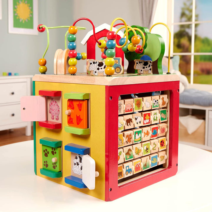 – Activity Cube with Farm Theme – Educational Wooden Toys for Toddlers and Kids – 1 Year +